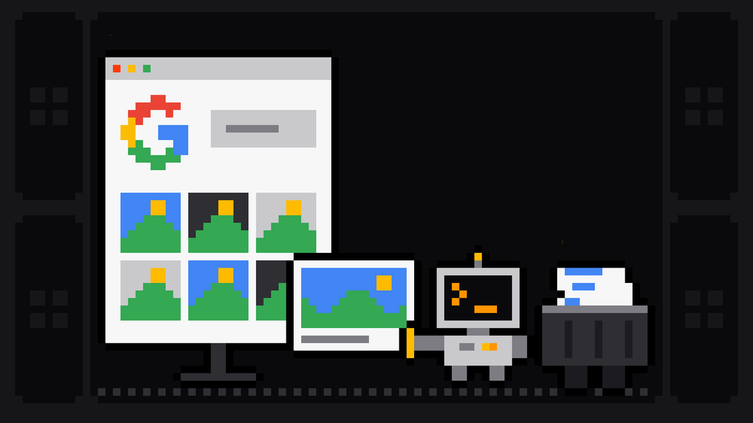 Pixel-art robot with an orange >_ on its terminal head pulls a photo card of green hills under a blue sky off an image search page headed by the Google G logo and a grid of photo tiles, and drops it into a crate