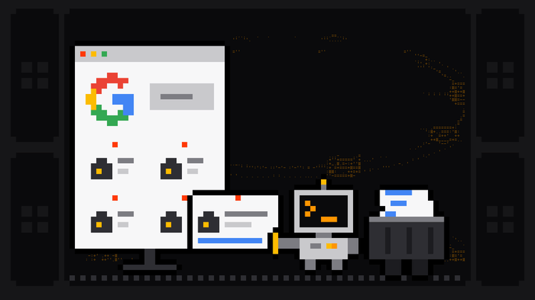 Pixel-art robot with an orange >_ on its terminal head lifts a job card with a briefcase icon off a search results page headed by the Google G logo, where more job cards are listed, and drops it into a crate