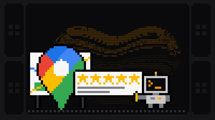 Pixel-art robot with an orange >_ on its terminal head pulls a review card with five gold stars out of a Google Maps pin standing on a folded map