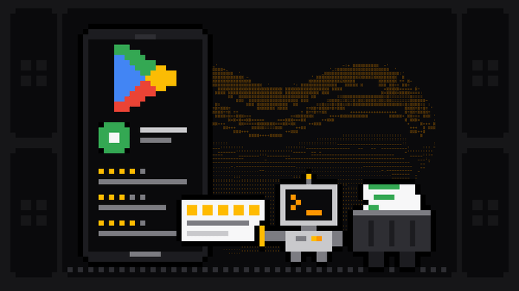Pixel-art robot with an orange >_ on its terminal head pulls a review slip with gold rating squares out of a phone showing the four-colour Google Play logo above an app tile and rows of star ratings, and drops it into a crate