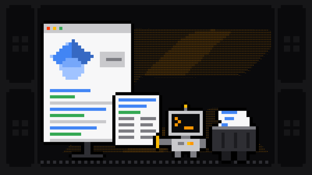 Pixel-art robot with an orange >_ on its terminal head pulls a paper card with a blue title and two columns of text off a results page headed by the blue Google Scholar cap, and drops it into a crate