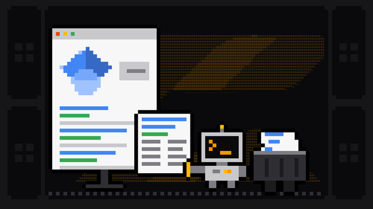 Pixel-art robot with an orange >_ on its terminal head pulls a paper card with a blue title and two columns of text off a results page headed by the blue Google Scholar cap, and drops it into a crate
