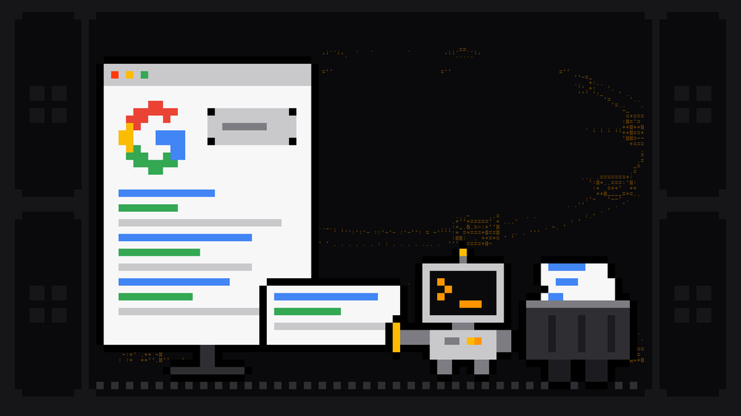 Pixel-art robot with a grey terminal head showing an orange >_ pulls a search result card out of a browser window showing the Google G logo and drops it into a crate