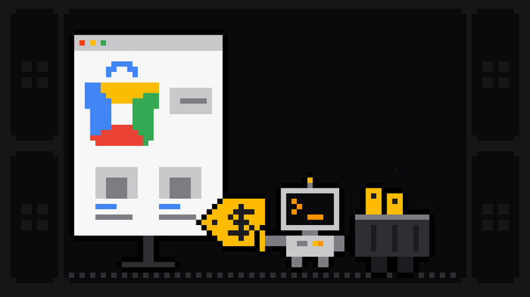 Pixel-art robot with an orange >_ on its terminal head lifts a yellow price tag off a shopping results page headed by the four-colour Google Shopping bag and two product tiles, and drops it into a crate of price tags