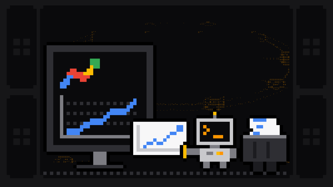 Pixel-art robot with an orange >_ on its terminal head pulls a chart slip with a rising line out of a monitor showing the Google Trends logo and a climbing line chart, and drops it into a crate
