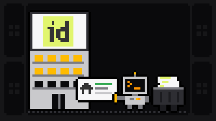 Pixel-art robot with an orange >_ on its terminal head pulls a listing card with a house icon out of an apartment block with balconies whose sign shows the lime idealista logo, and drops it into a crate