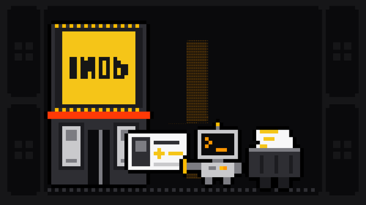 Pixel-art robot with an orange >_ on its terminal head pulls a film card with a poster and a gold star rating out of a cinema whose bulb-lit marquee carries the yellow IMDb logo, and drops it into a crate