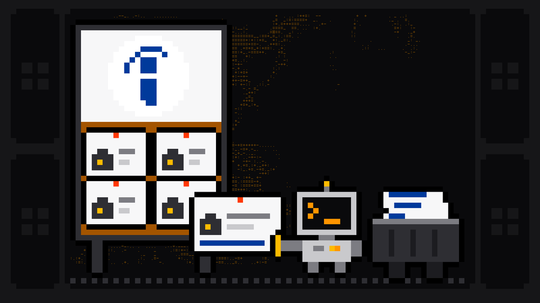Pixel-art robot with an orange >_ on its terminal head takes a job card with a briefcase icon off a cork job board topped with the blue Indeed logo and drops it into a crate