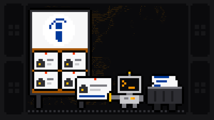 Pixel-art robot with an orange >_ on its terminal head takes a job card with a briefcase icon off a cork job board topped with the blue Indeed logo and drops it into a crate