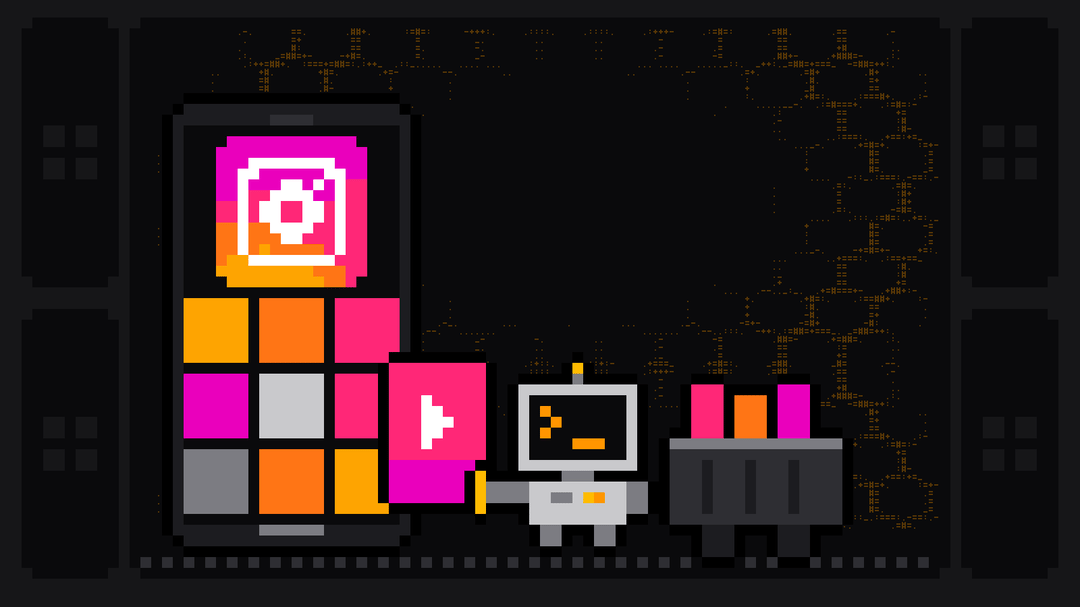 Pixel-art robot with an orange >_ on its terminal head pulls a pink reel card with a play button out of a phone showing the Instagram logo and a grid of posts, and loads it into a crate of colored tiles