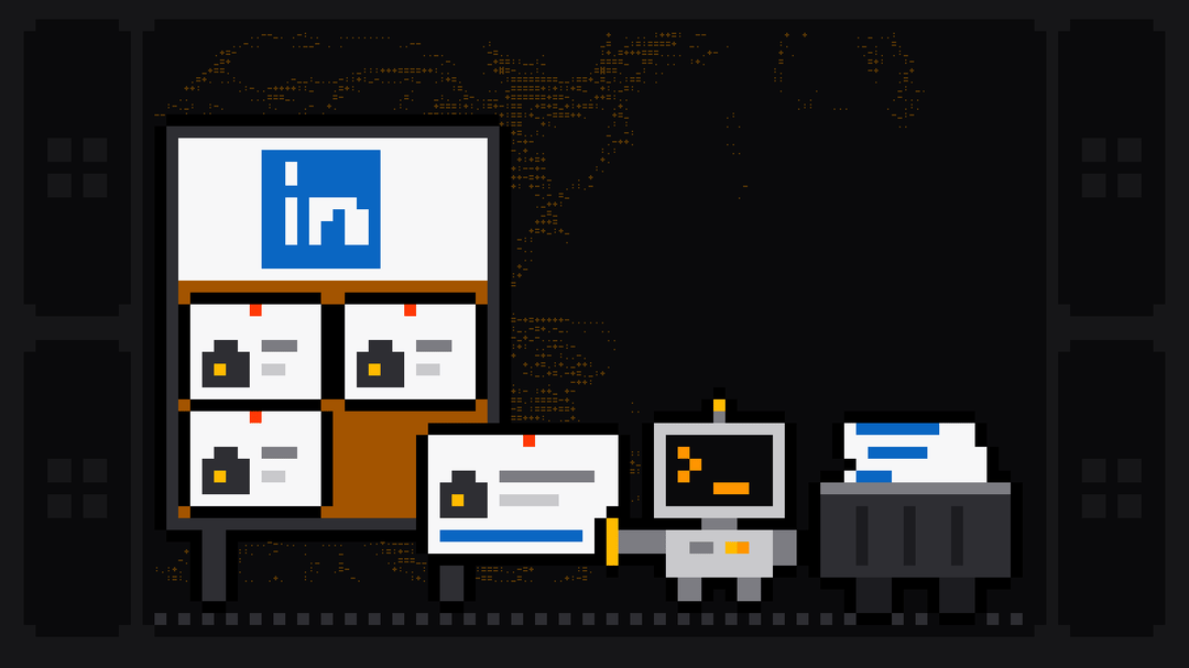 Pixel-art robot with a grey terminal head showing an orange >_ pulls a job card off a LinkedIn job board, marked with the LinkedIn logo, and drops it into a crate