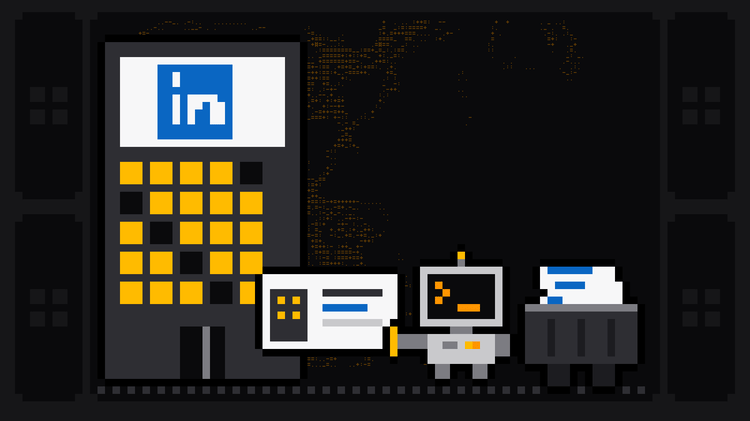 Pixel-art robot with an orange >_ on its terminal head pulls a company card out of an office tower with the blue LinkedIn logo on its sign and drops it into a crate