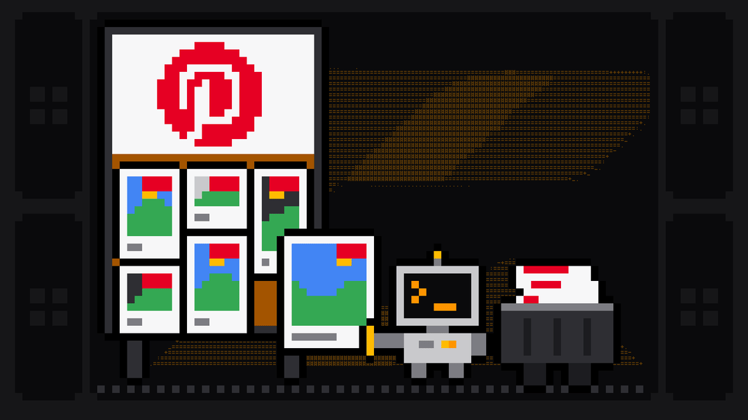 Pixel-art robot with an orange >_ on its terminal head pulls an image pin with a red save button off a cork board topped with the red Pinterest logo and covered in photo pins of different heights, and drops it into a crate