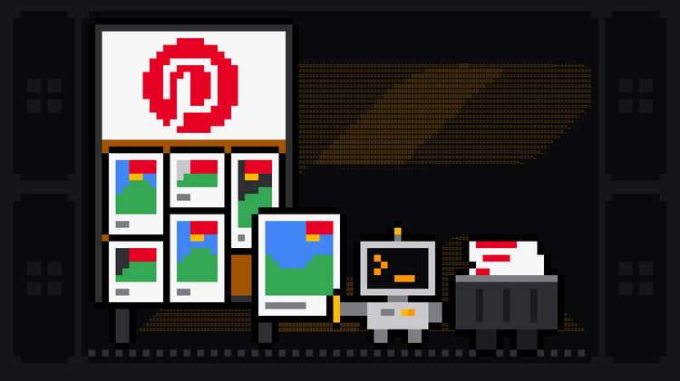 Pixel-art robot with an orange >_ on its terminal head pulls an image pin with a red save button off a cork board topped with the red Pinterest logo and covered in photo pins of different heights, and drops it into a crate