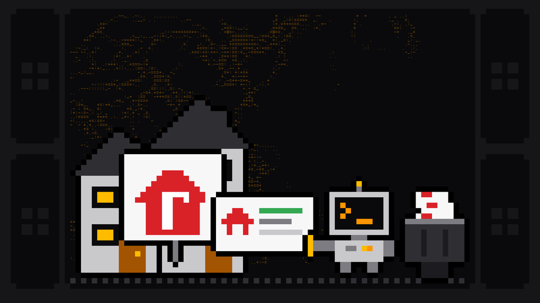 Pixel-art robot with an orange >_ on its terminal head pulls a listing card with a red house icon off two houses at night, in front of which a yard sign shows the red Realtor.com house logo, and drops it into a crate