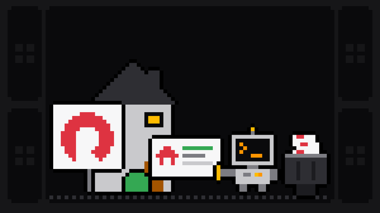 Pixel-art robot with an orange >_ on its terminal head pulls a listing card with a red house icon off a house at night, beside a yard sign with the red Redfin logo and a green bush, and drops it into a crate