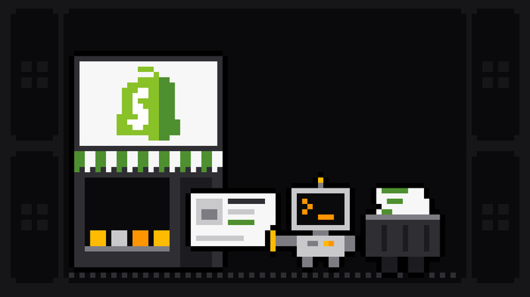 Pixel-art robot with an orange >_ on its terminal head pulls a product card with a photo and a green price out of a shop front with a green-striped awning and the green Shopify bag logo on its sign, and drops it into a crate