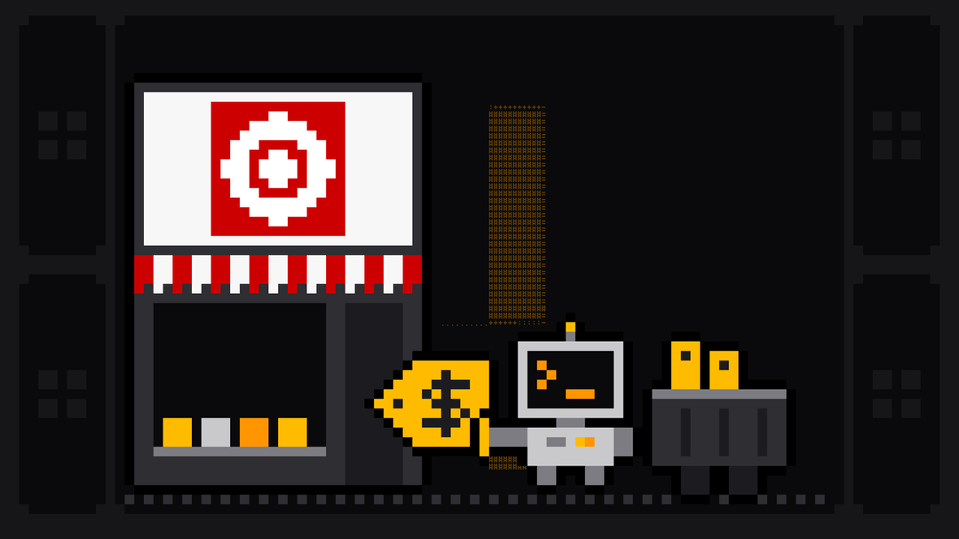 Pixel-art robot with an orange >_ on its terminal head takes a yellow price tag out of a store front whose sign shows the red Target bullseye above a red-and-white awning and a lit window of goods, and drops it into a crate of price tags