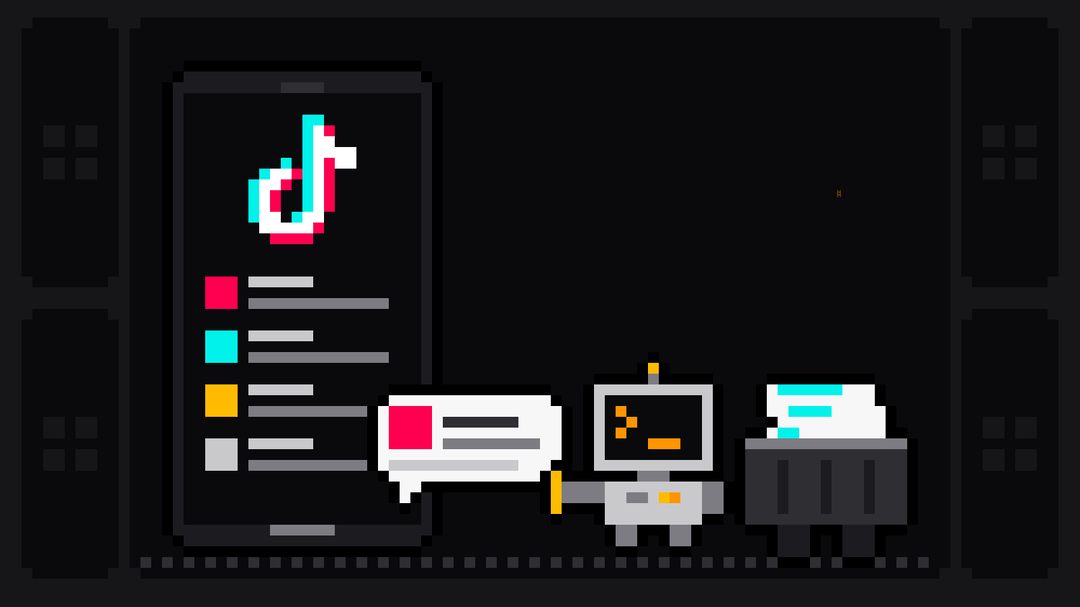 Pixel-art robot with an orange >_ on its terminal head pulls a comment bubble out of a phone showing the TikTok note logo above a list of comments, and drops it into a crate