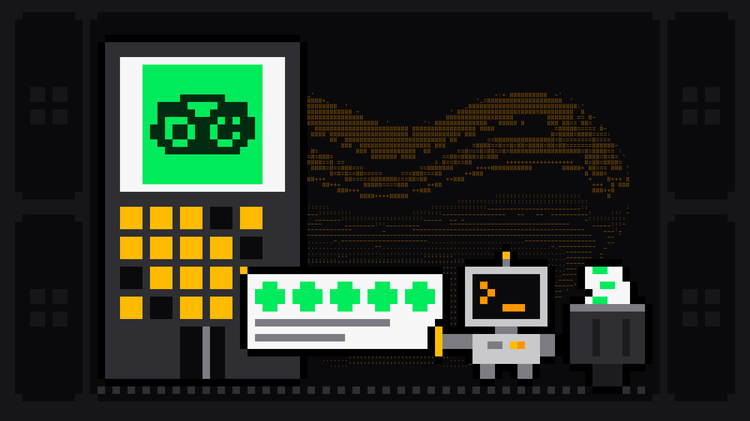 Pixel-art robot with an orange >_ on its terminal head pulls a review card with five green rating bubbles out of a hotel tower whose sign shows the green Tripadvisor owl logo, and drops it into a crate