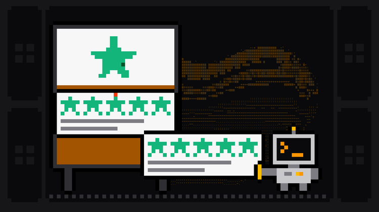 Pixel-art robot with an orange >_ on its terminal head pulls a review card with five green stars off a cork board topped with the green Trustpilot star, where another such card is pinned