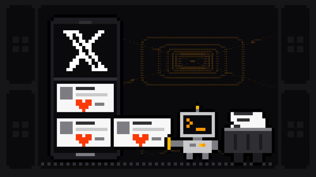 Pixel-art robot with an orange >_ on its terminal head pulls a post card out of a phone whose feed is topped by the white X logo and drops it into a crate