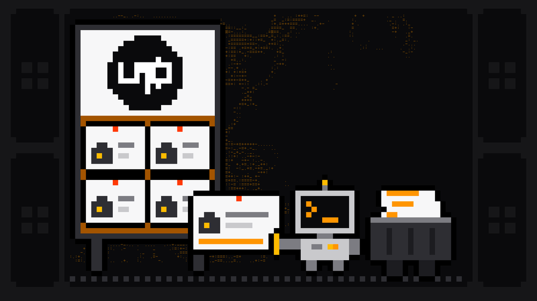Pixel-art robot with an orange >_ on its terminal head pulls a job card with a briefcase off a cork job board topped with the black Upwork logo and pinned with job cards, and drops it into a crate