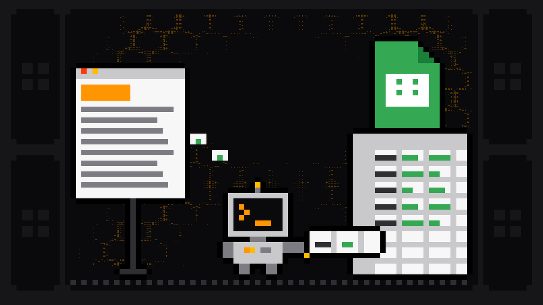 Pixel-art robot with an orange >_ on its terminal head carries a row of data from a web page on the left to a spreadsheet marked with the green Google Sheets logo on the right