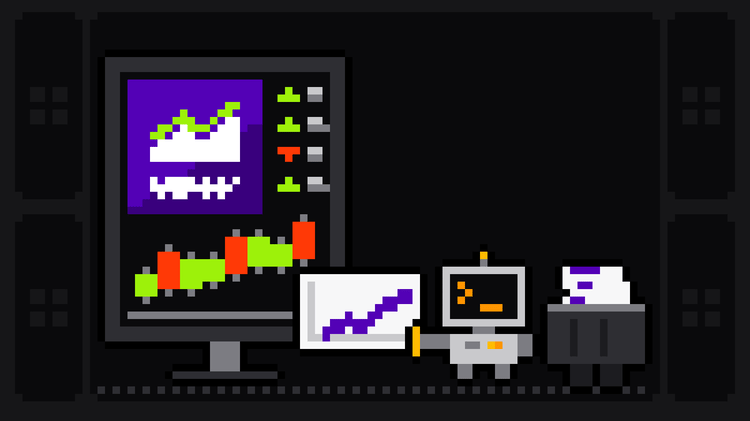 Pixel-art robot with an orange >_ on its terminal head pulls a chart slip with a purple rising line out of a monitor showing the purple Yahoo Finance icon beside ticker rows, above a rising candlestick chart, and drops it into a crate