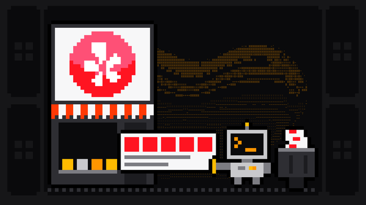 Pixel-art robot with an orange >_ on its terminal head pulls a review card with five red rating squares out of a shop front with a striped awning and the red Yelp burst logo on its sign, and drops it into a crate