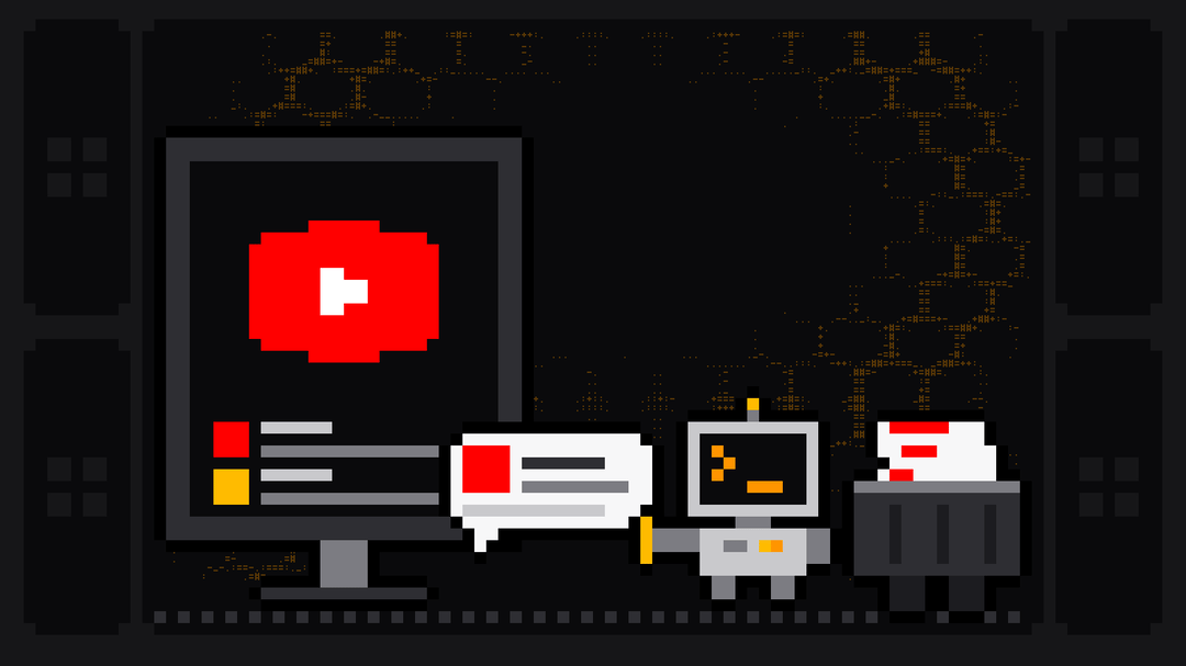 Pixel-art robot with an orange >_ on its terminal head pulls a comment bubble out of a monitor showing the YouTube logo above a list of comments and drops it into a crate