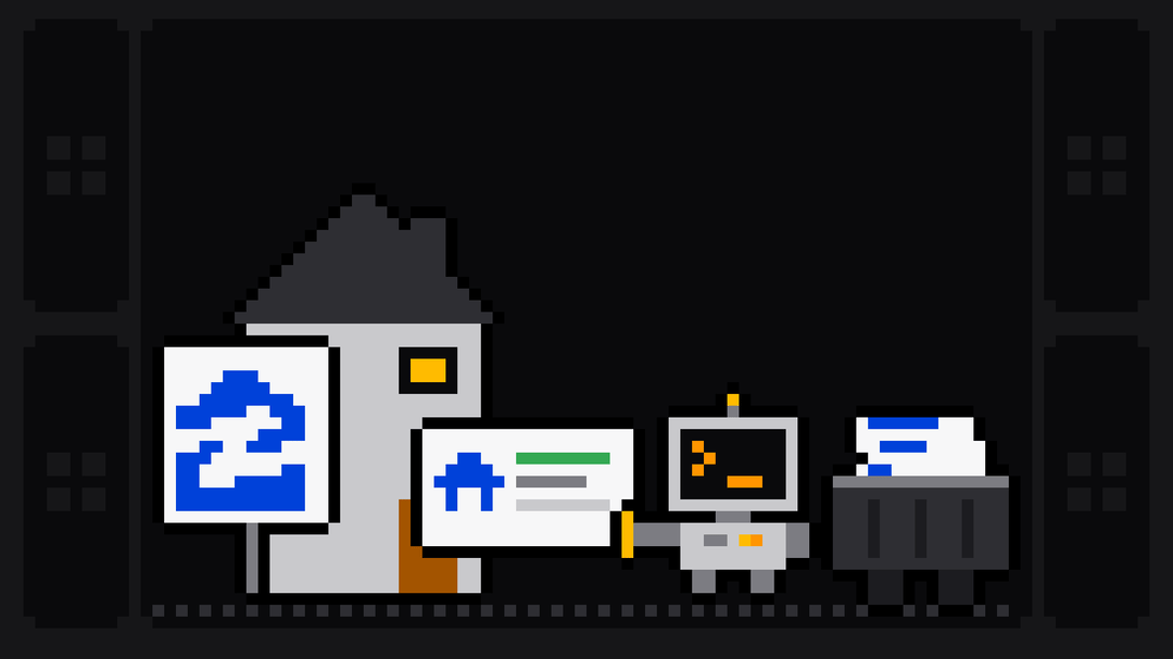 Pixel-art robot with an orange >_ on its terminal head pulls a listing card out of a grey house next to a yard sign with the blue Zillow logo and drops it into a crate