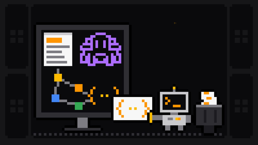 Pixel-art robot with an orange >_ on its terminal head pulls a card with curly braces out of a monitor showing the purple ScrapeGraphAI spider logo and a graph of nodes that runs from a small web page to curly braces, and drops it into a crate