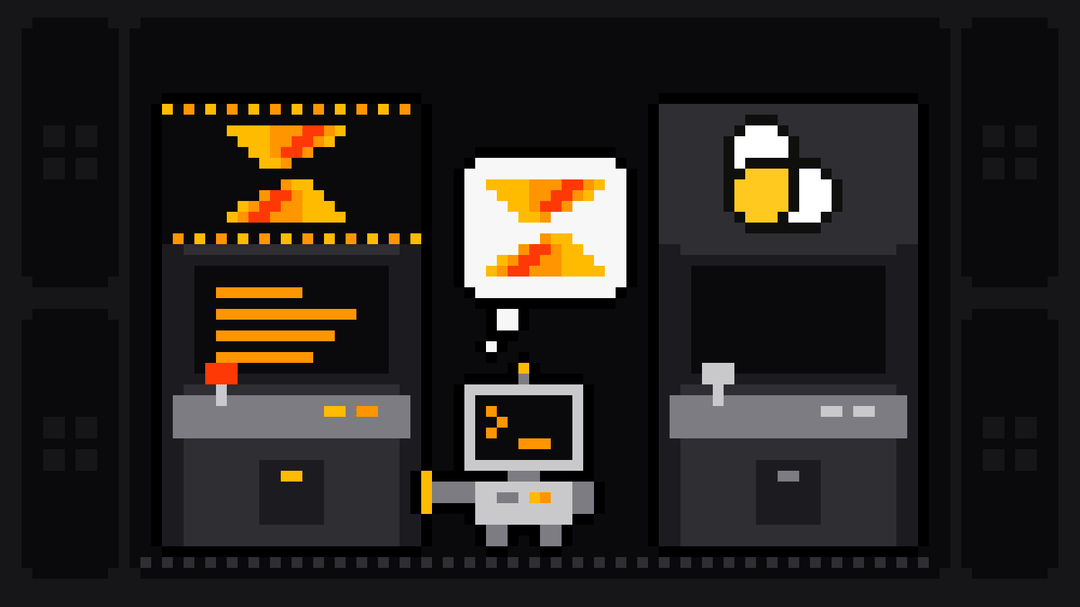 Pixel-art robot with an orange >_ on its terminal head walks up to a lit arcade cabinet bearing the Scrape.ly logo and rests its hand on it, thinking of the Scrape.ly mark, while a dark cabinet with the yellow ScrapingBee logo stands switched off