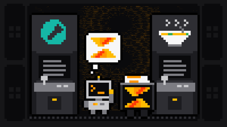 Pixel-art robot with an orange >_ on its terminal head stands between two matching arcade cabinets, one with the teal Scrapy logo and one with a steaming soup bowl, thinking of the Scrape.ly mark next to a crate bearing the Scrape.ly logo