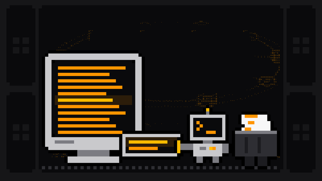 Pixel-art robot with an orange >_ on its terminal head lifts a lit strip of text off the screen of an old grey terminal monitor, where one highlighted line is being read, and drops it into a crate