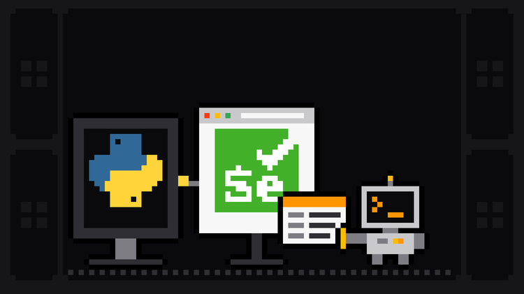 Pixel-art robot with an orange >_ on its terminal head pulls a data card out of a browser window showing the green Selenium logo, which is cabled to a monitor showing the blue and yellow Python logo