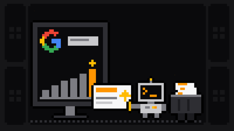 Pixel-art robot with an orange >_ on its terminal head pulls a rank slip with an amber up arrow out of a monitor showing the Google G logo above a rising bar chart whose last bar is orange and topped with a gold star, and drops it into a crate