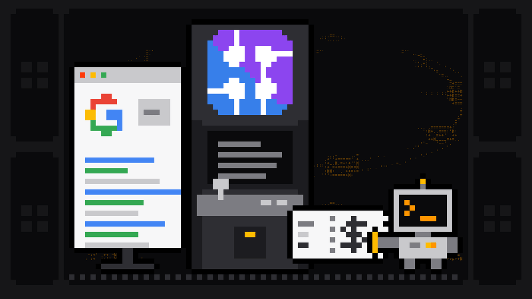 Pixel-art robot with an orange >_ on its terminal head holds the end of a receipt with a dollar sign printed by an arcade cabinet bearing the SerpApi logo, next to a search results page with the Google G logo