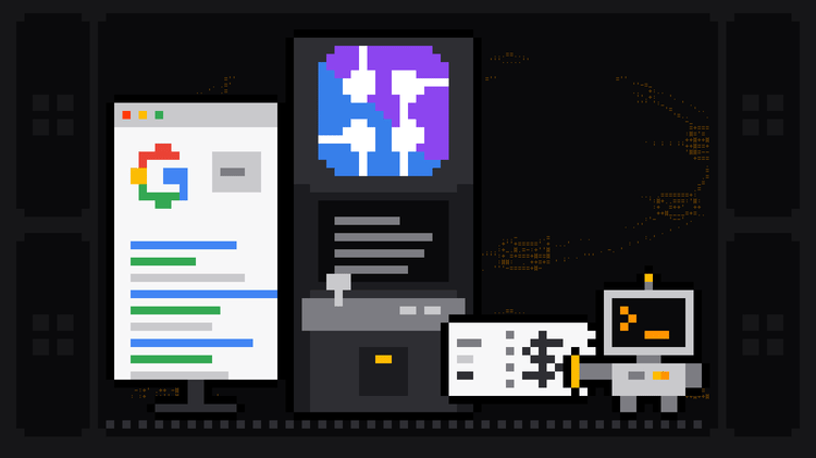 Pixel-art robot with an orange >_ on its terminal head holds the end of a receipt with a dollar sign printed by an arcade cabinet bearing the SerpApi logo, next to a search results page with the Google G logo