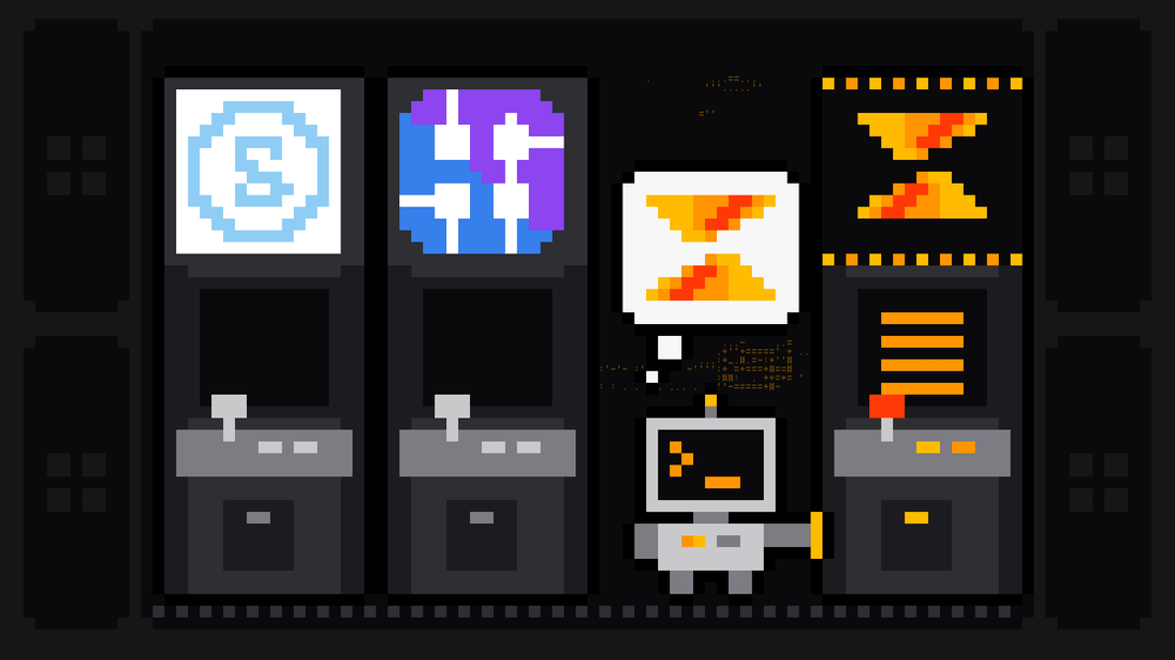Pixel-art robot with an orange >_ on its terminal head walks past two switched-off arcade cabinets bearing the Serper and SerpApi logos and rests its hand on a lit cabinet bearing the Scrape.ly logo, thinking of the Scrape.ly mark