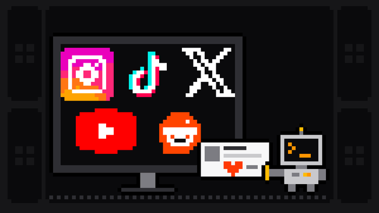 Pixel-art robot with an orange >_ on its terminal head pulls a social post card with a heart out of a wide monitor showing the Instagram, TikTok, X, YouTube and Reddit logos