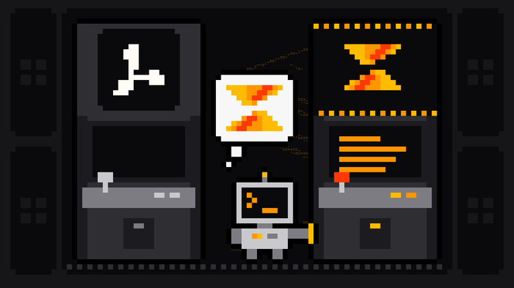 Pixel-art robot with an orange >_ on its terminal head chooses a lit arcade cabinet bearing the Scrape.ly logo, hand on its side and the Scrape.ly mark in its thought bubble, while a dark cabinet with the Tavily arrows logo stands switched off