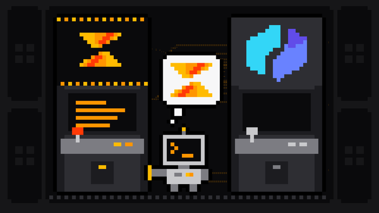 Pixel-art robot with an orange >_ on its terminal head walks up to a lit arcade cabinet bearing the Scrape.ly logo and rests its hand on it, thinking of the Scrape.ly mark, while a dark cabinet with the cyan and violet Thunderbit logo stands switched off