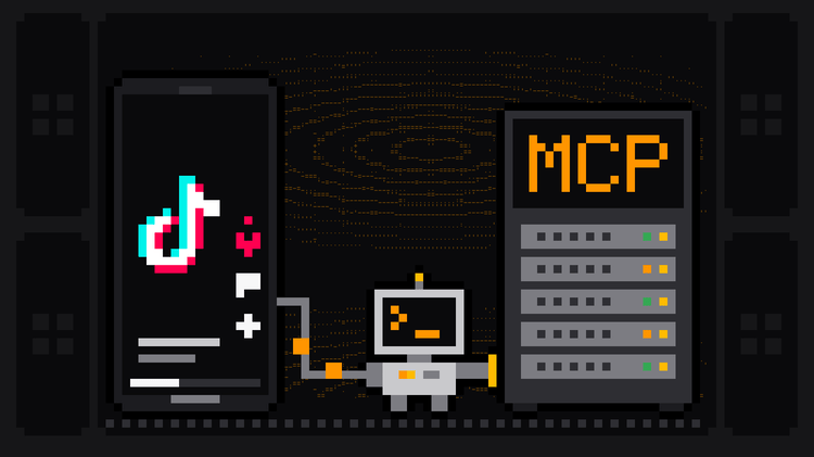 Pixel-art robot with an orange >_ on its terminal head carries a cable from a phone showing the TikTok note logo on a short video, with like, comment and share icons down its edge, into a server rack labelled MCP