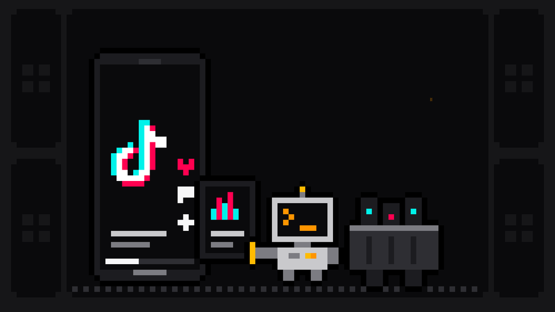 Pixel-art robot with an orange >_ on its terminal head pulls a stats card with a bar chart out of a phone showing the TikTok logo and loads it into a crate