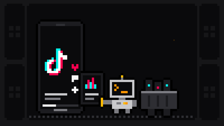 Pixel-art robot with an orange >_ on its terminal head pulls a stats card with a bar chart out of a phone showing the TikTok logo and loads it into a crate