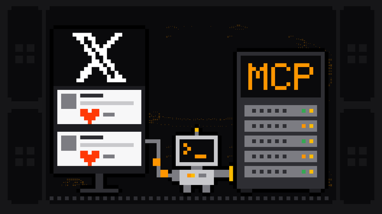 Pixel-art robot with an orange >_ on its terminal head carries a cable from a feed of posts headed by the white X logo into a server rack labelled MCP