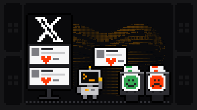 Pixel-art robot with an orange >_ on its terminal head holds up a post taken from a feed headed by the white X logo, sorting posts into two crates marked with a green smiling face and a red frowning face