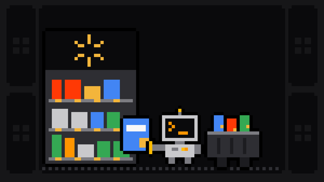 Pixel-art robot with an orange >_ on its terminal head pulls a blue product box off a store shelf topped with the yellow Walmart spark logo and loads it into a crate